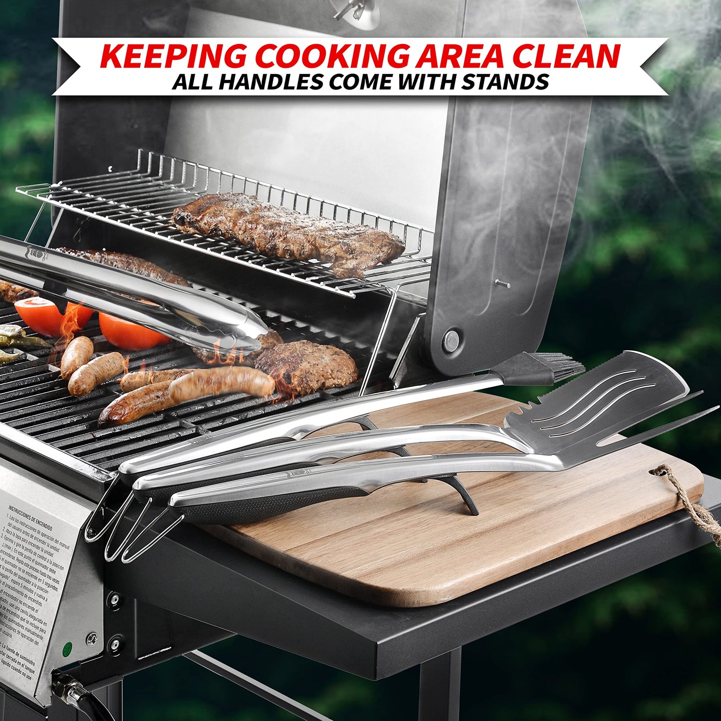 Extra Thick Grilling Tools with Stand, Spatula, Fork, Basting Brush & Tongs