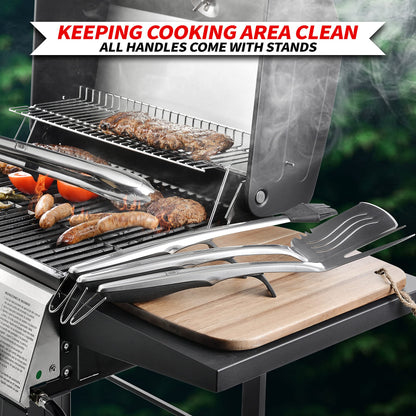 Extra Thick Grilling Tools with Stand, Spatula, Fork, Basting Brush & Tongs