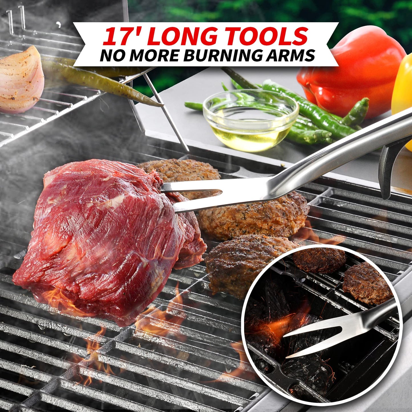 Extra Thick Grilling Tools with Stand, Spatula, Fork, Basting Brush & Tongs