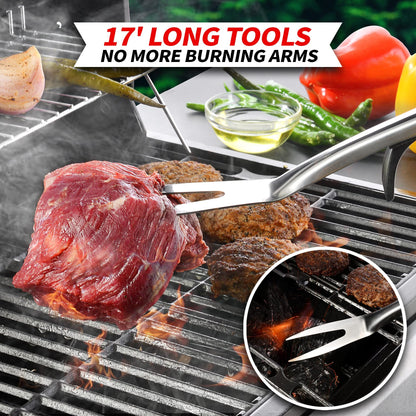 Extra Thick Grilling Tools with Stand, Spatula, Fork, Basting Brush & Tongs