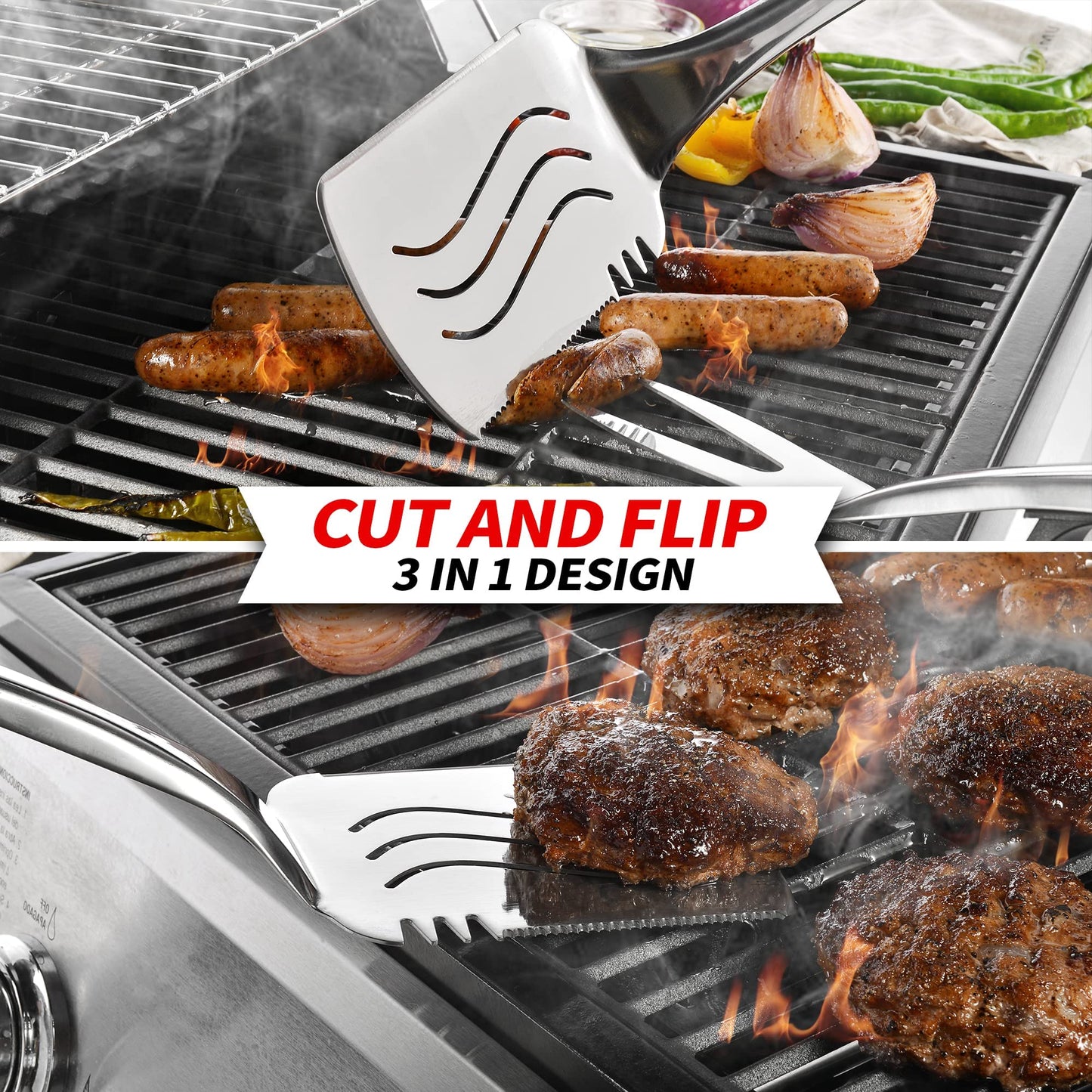 Extra Thick Grilling Tools with Stand, Spatula, Fork, Basting Brush & Tongs
