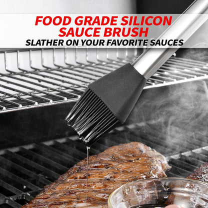 Extra Thick Grilling Tools with Stand, Spatula, Fork, Basting Brush & Tongs