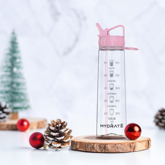 Plastic Water Bottle with Time Marker and Straw (2 options, Black Pink)