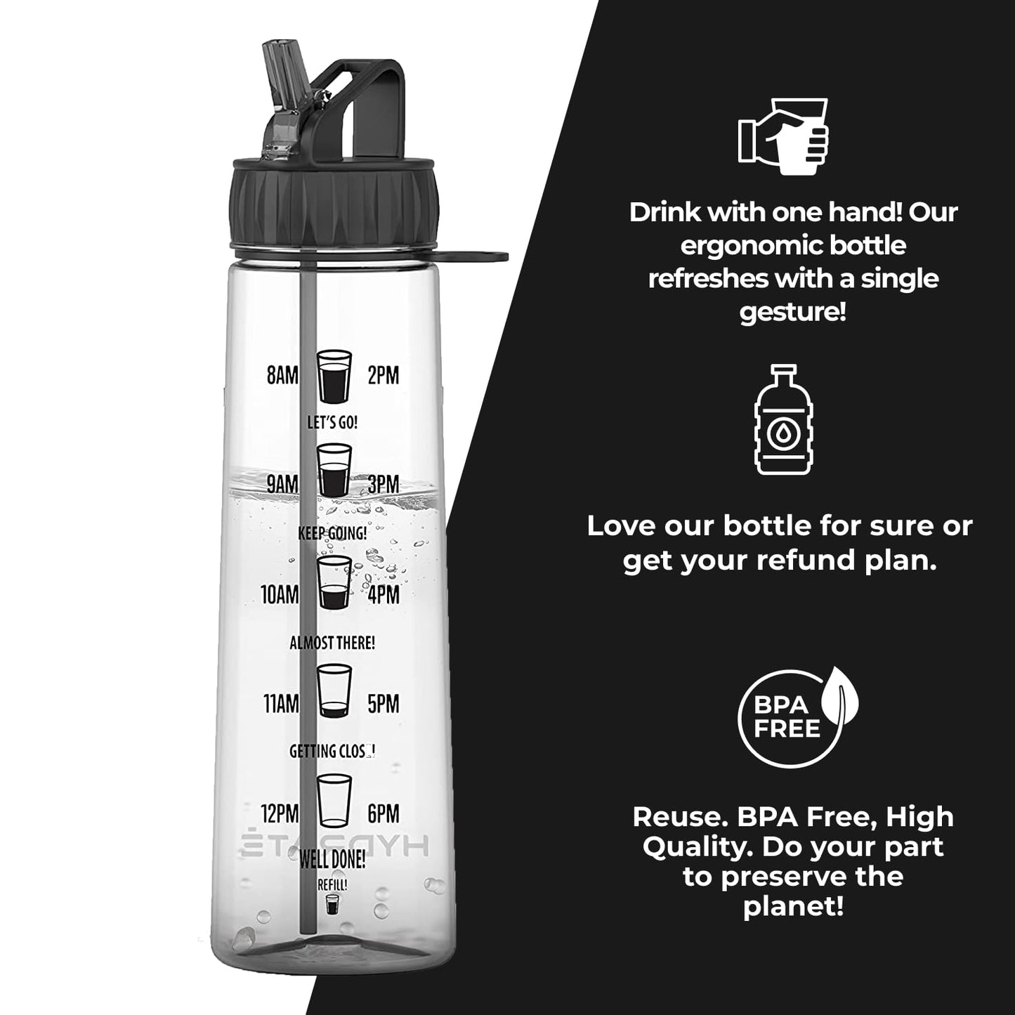 Plastic Water Bottle with Time Marker and Straw (2 options, Black Pink)