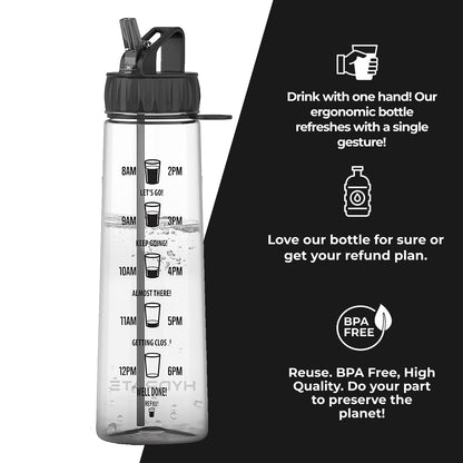 Plastic Water Bottle with Time Marker and Straw (2 options, Black Pink)