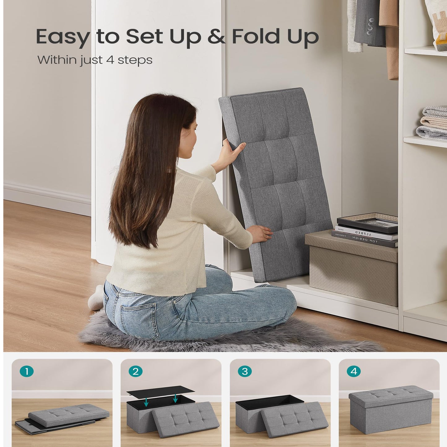 30 Inches Folding Storage Ottoman Bench, Light Gray