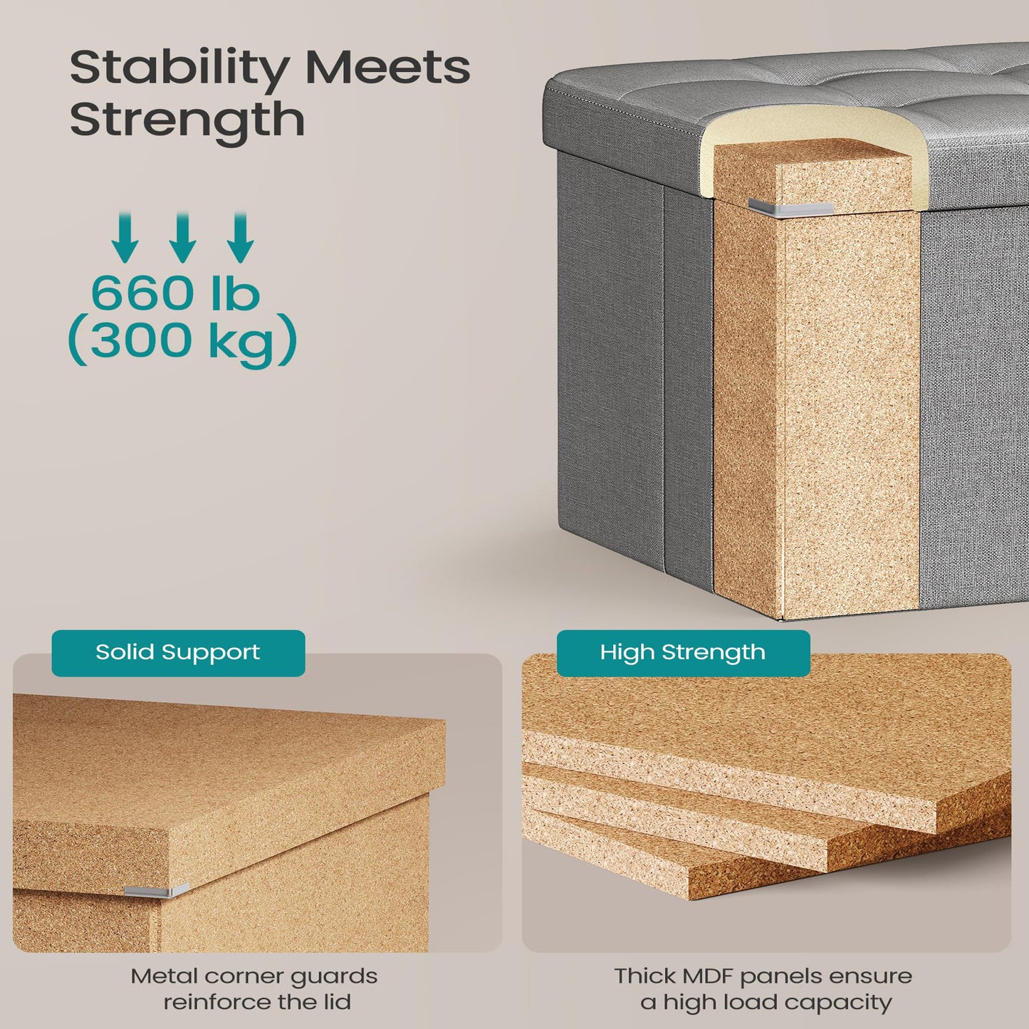 30 Inches Folding Storage Ottoman Bench, Light Gray