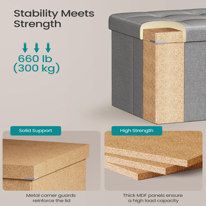 30 Inches Folding Storage Ottoman Bench, Light Gray