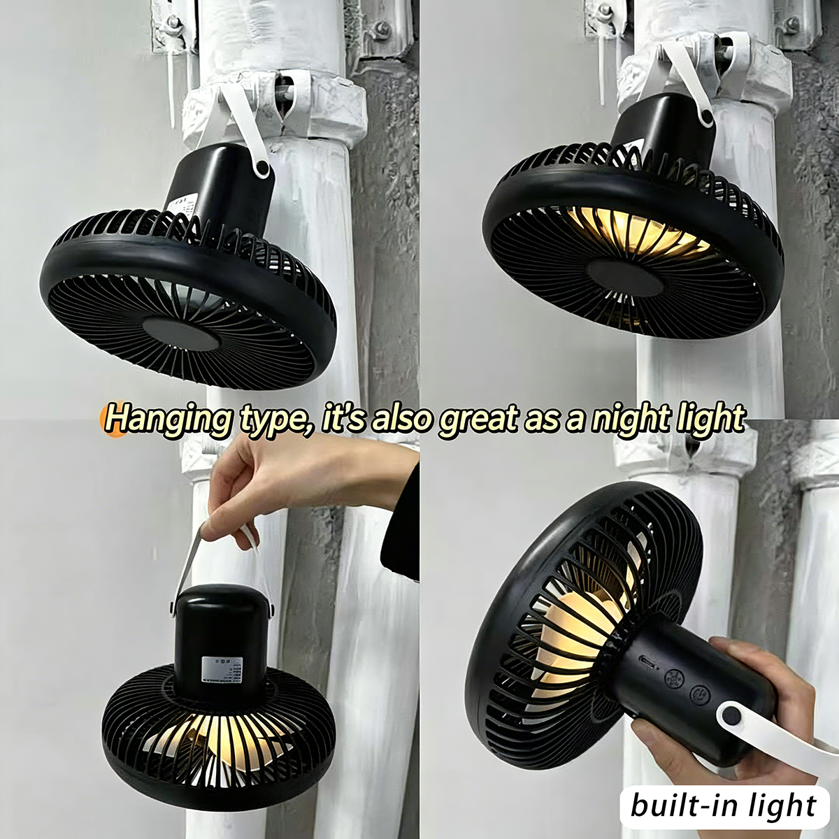 Portable Tripod Fan Built-in Light Detachable Rotable Head