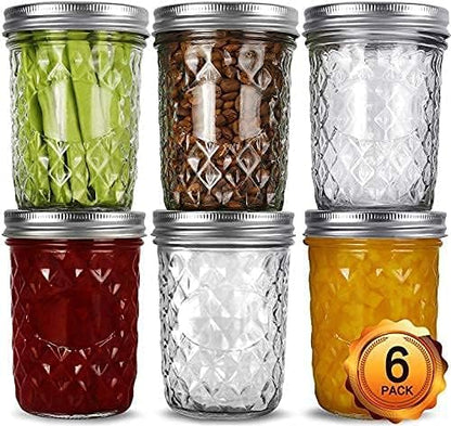 Glass Mason Jars Set of 6, Diamond Embroidery Mini Canning Jars with Silver Screw Lids & Blank Chalk Labels, Airtight Small Glass Storage Jars for Spices