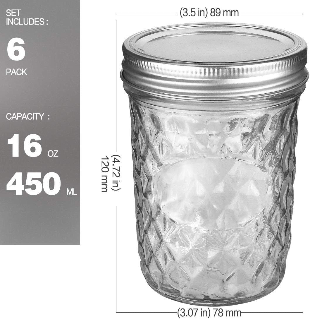 Glass Mason Jars Set of 6, Diamond Embroidery Mini Canning Jars with Silver Screw Lids & Blank Chalk Labels, Airtight Small Glass Storage Jars for Spices