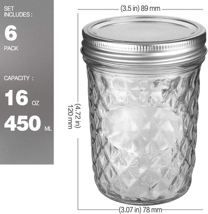 Glass Mason Jars Set of 6, Diamond Embroidery Mini Canning Jars with Silver Screw Lids & Blank Chalk Labels, Airtight Small Glass Storage Jars for Spices