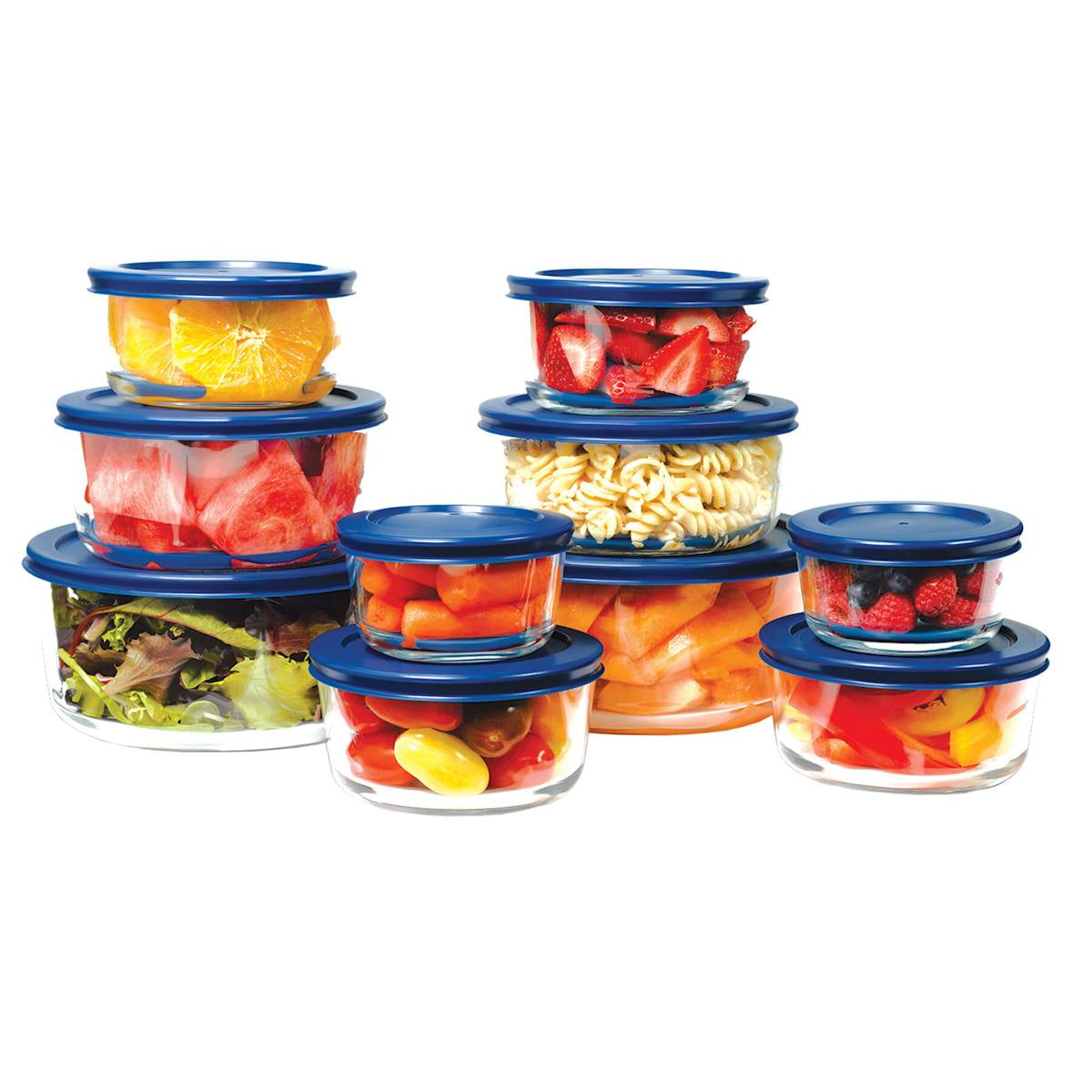 10 Round Glass Food Storage Set with Plastic Lids,Blue