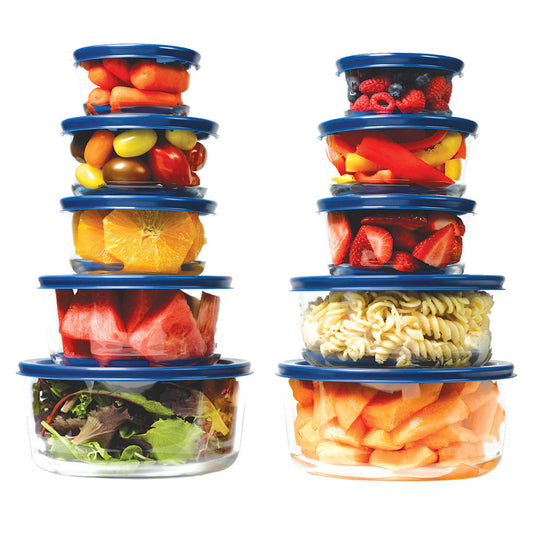 10 Round Glass Food Storage Set with Plastic Lids,Blue