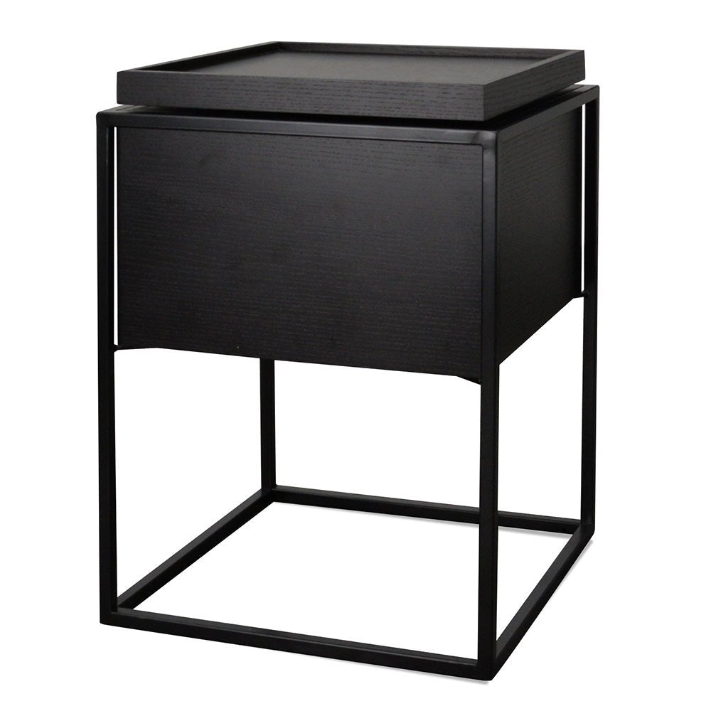 Metal Frame Side Table With Hidden Storage Minimal Look, Black