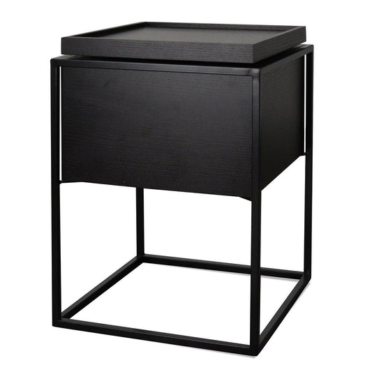 Metal Frame Side Table With Hidden Storage Minimal Look, Black