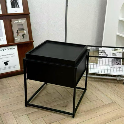 Metal Frame Side Table With Hidden Storage Minimal Look, Black