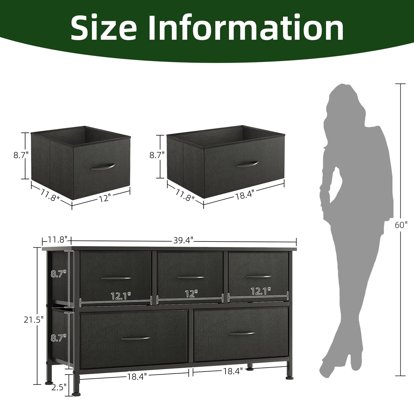 Dresser for Bedroom with 5 Drawers, Black