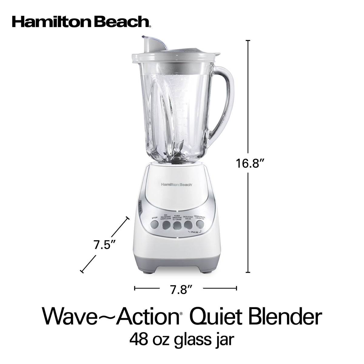 Hamilton Beach Wave Action Smoothie Blender, 48 oz Glass Jar 800 W 12-Function Countertop Blender for Kitchen, White
