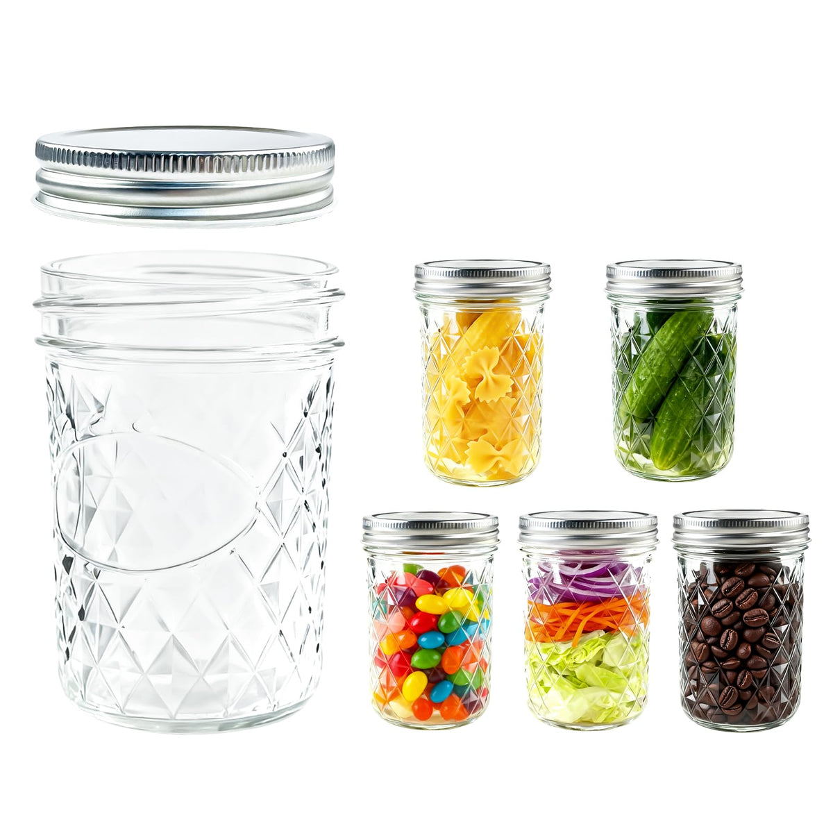 Glass Mini Canning Jars Set of 6, Diamond Embroidery,8 OZ