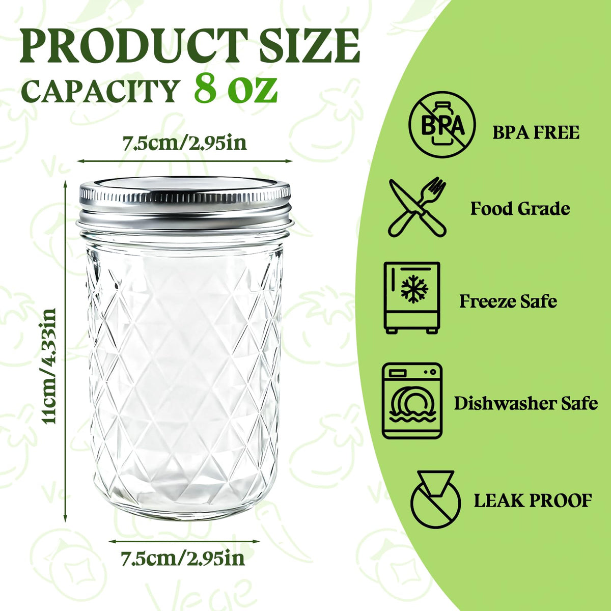 Glass Mini Canning Jars Set of 6, Diamond Embroidery,8 OZ