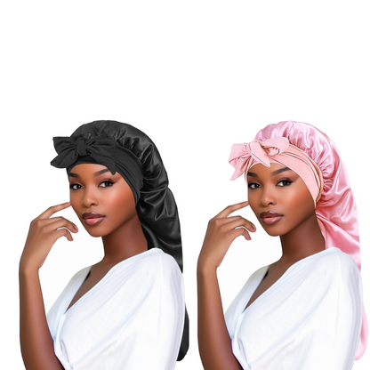 Extra Long Satin Bonnet with Tie Band 2 Unites (pink, black)
