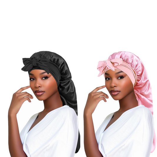 Extra Long Satin Bonnet with Tie Band 2 Unites (pink, black)
