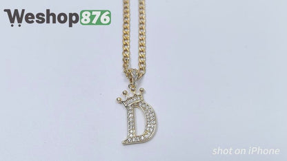 Gold Plated Monogram D Crown Pendant Necklace with Cubic Zirconia