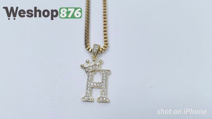 Gold Plated Monogram H Crown Pendant Necklace with Cubic Zirconia