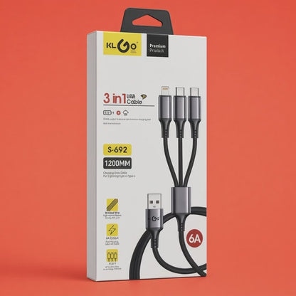 KLGO 3-in-1 USB Cable 6A | Lightning + Type-C + Type-C | 1200mm | S-692