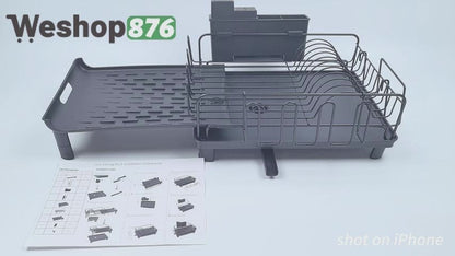 Extendable Dish Drying Rack with Cup Holders, Black