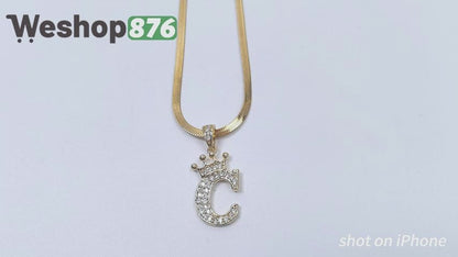 Gold Plated Monogram C Crown Pendant Necklace with Cubic Zirconia