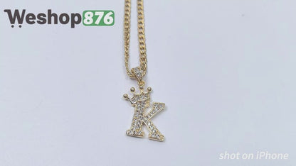 Gold Plated Monogram K Crown Pendant Necklace with Cubic Zirconia