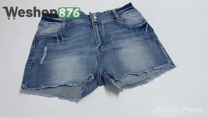 Women's Button Distressed Hem Denim Shorts High Waist, Light Blue