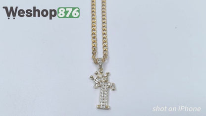 Gold Plated Monogram T Crown Pendant Necklace with Cubic Zirconia