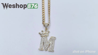 Gold Plated Monogram M Crown Pendant Necklace with Cubic Zirconia