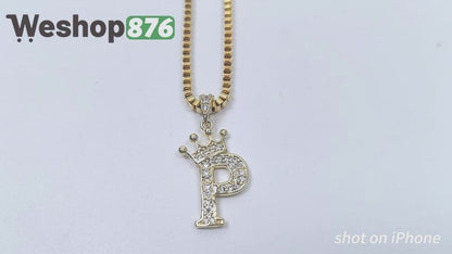 Gold Plated Monogram P Crown Pendant Necklace with Cubic Zirconia