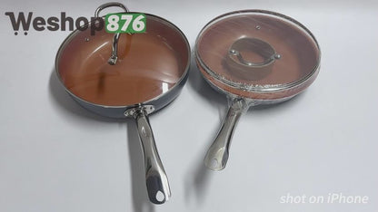 Large 12/11 inches Copper Red Pan Ceramic Skillet Aluminum Alloy Frying Pan with Lid