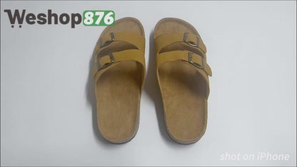 Footbed Sandals – Comfortable Double Buckle Slip-On with Cork Footbed & Arch Support Slides