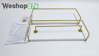 Set of 2, Wall Mounted Floating Shelves with Towel Rack, White Gold, 15.7 Inches