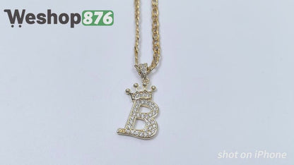 Gold Plated Monogram B Crown Pendant Necklace with Cubic Zirconia