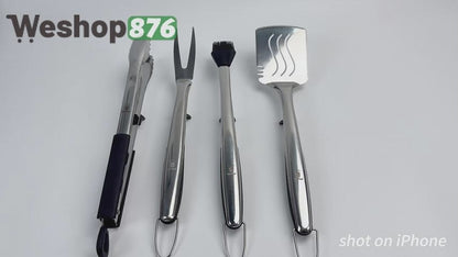 Extra Thick Grilling Tools with Stand, Spatula, Fork, Basting Brush & Tongs