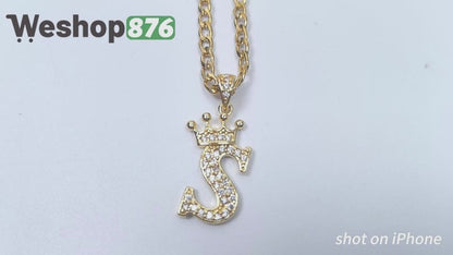 Gold Plated Monogram S Crown Pendant Necklace with Cubic Zirconia