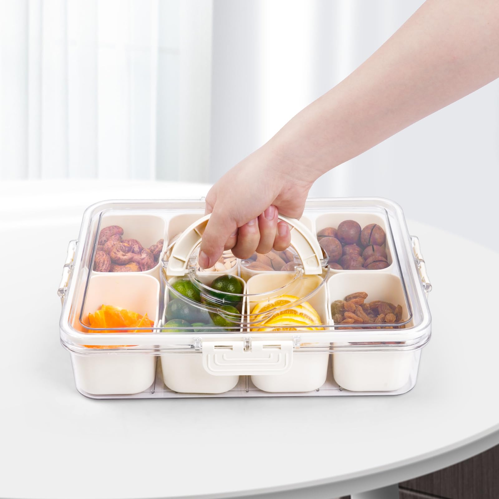 Beige Divided Serving Tray with Lid and Handle, Removable Divided Platter Food Storage Containers with 8 Compartment - Weshop876