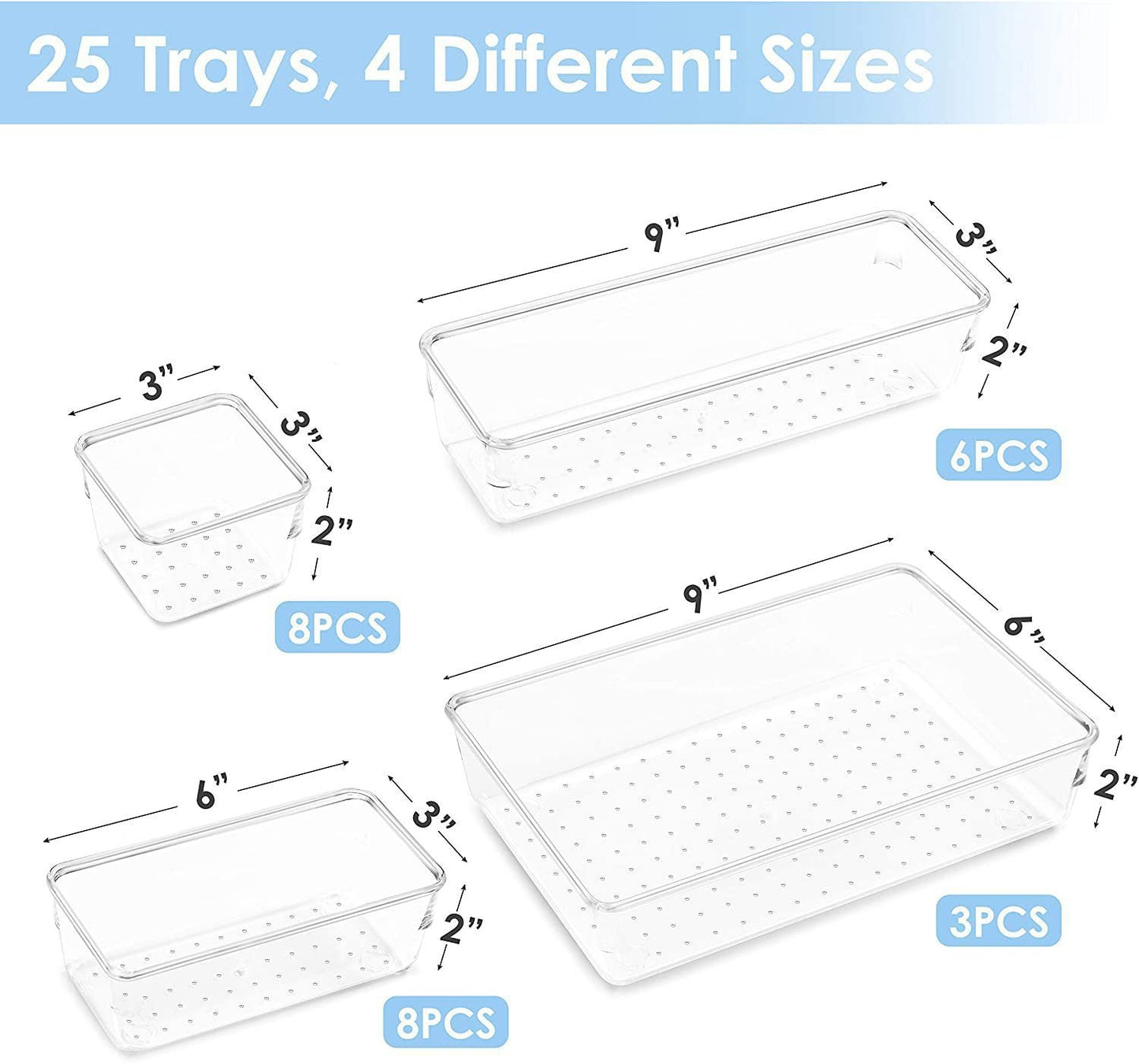 25 PCS Clear Plastic Drawer Organizers Set, 4 - Size Versatile Bathroom and Vanity Drawer Organizer Trays - Weshop876