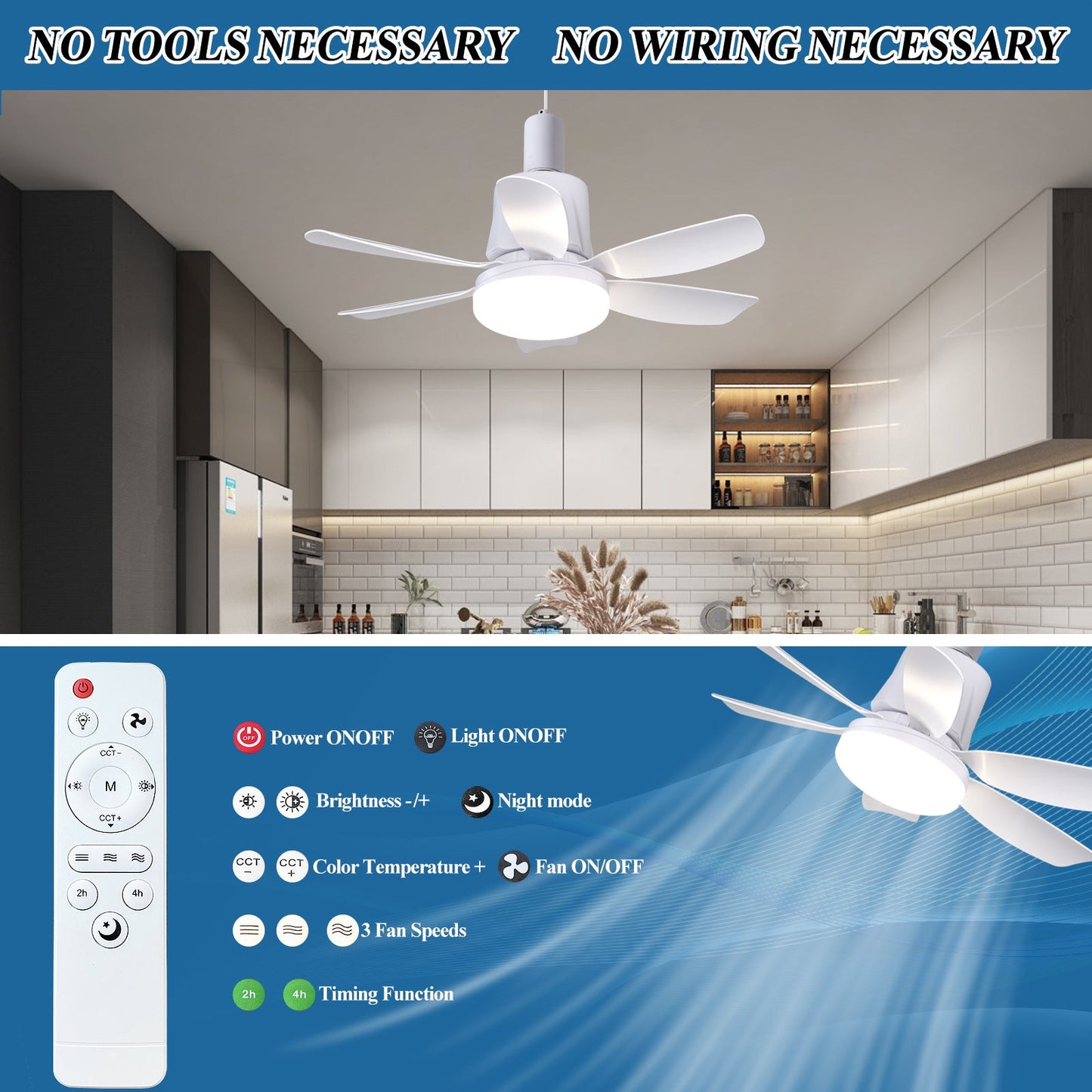 Socket Fan Light Ceiling Fans with Lights and Remote, Dimmable LED Ceiling Fan with Lights, 3 Colors 3000K - 6500K - Weshop876