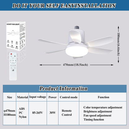 Socket Fan Light Ceiling Fans with Lights and Remote, Dimmable LED Ceiling Fan with Lights, 3 Colors 3000K - 6500K - Weshop876