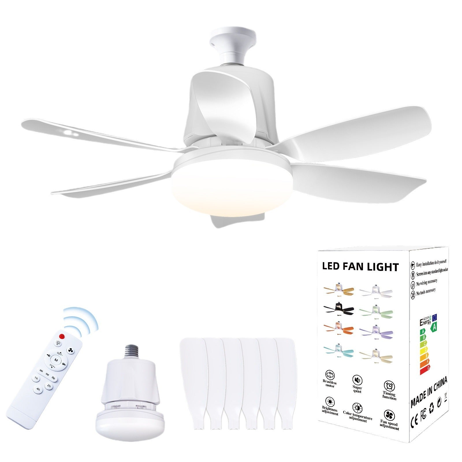 Socket Fan Light Ceiling Fans with Lights and Remote, Dimmable LED Ceiling Fan with Lights, 3 Colors 3000K - 6500K - Weshop876