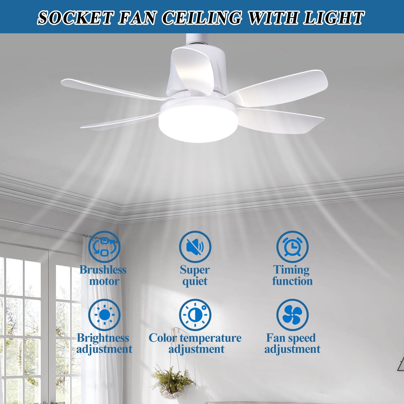 Socket Fan Light Ceiling Fans with Lights and Remote, Dimmable LED Ceiling Fan with Lights, 3 Colors 3000K - 6500K - Weshop876