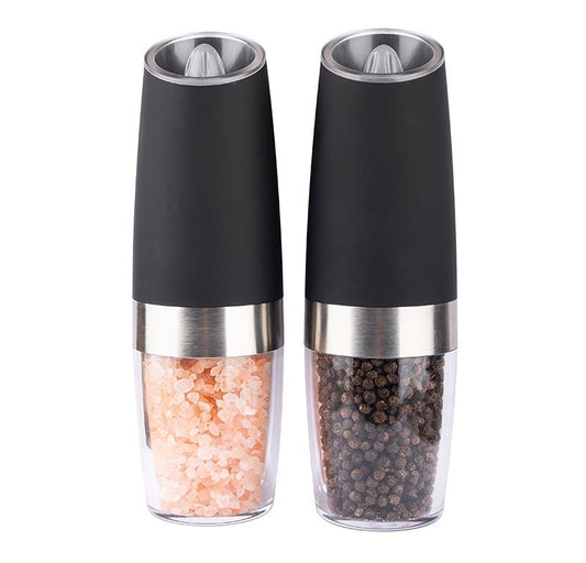 Gravity Electric Pepper and Salt Grinder Set, Battery Powered with LED Light, Stainless Steel Black, 2 Pack - Weshop876